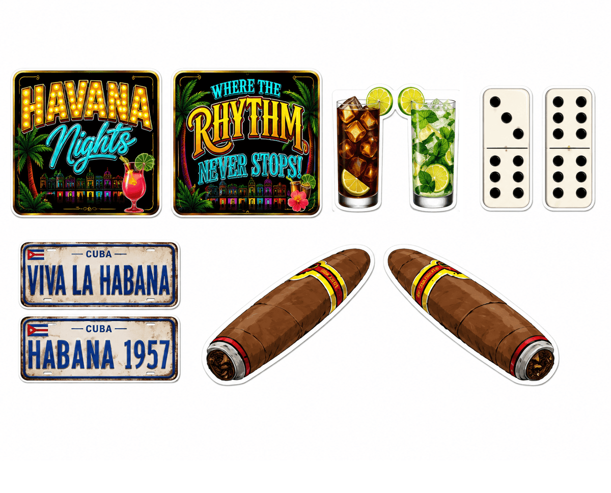 A set of Cuban-themed photo booth props featuring Havana Nights, 'Where the Rhythm Never Stops!', 'Viva La Habana' and 'Habana 1957' license plates, two cigars, and domino dice on a plain white background.