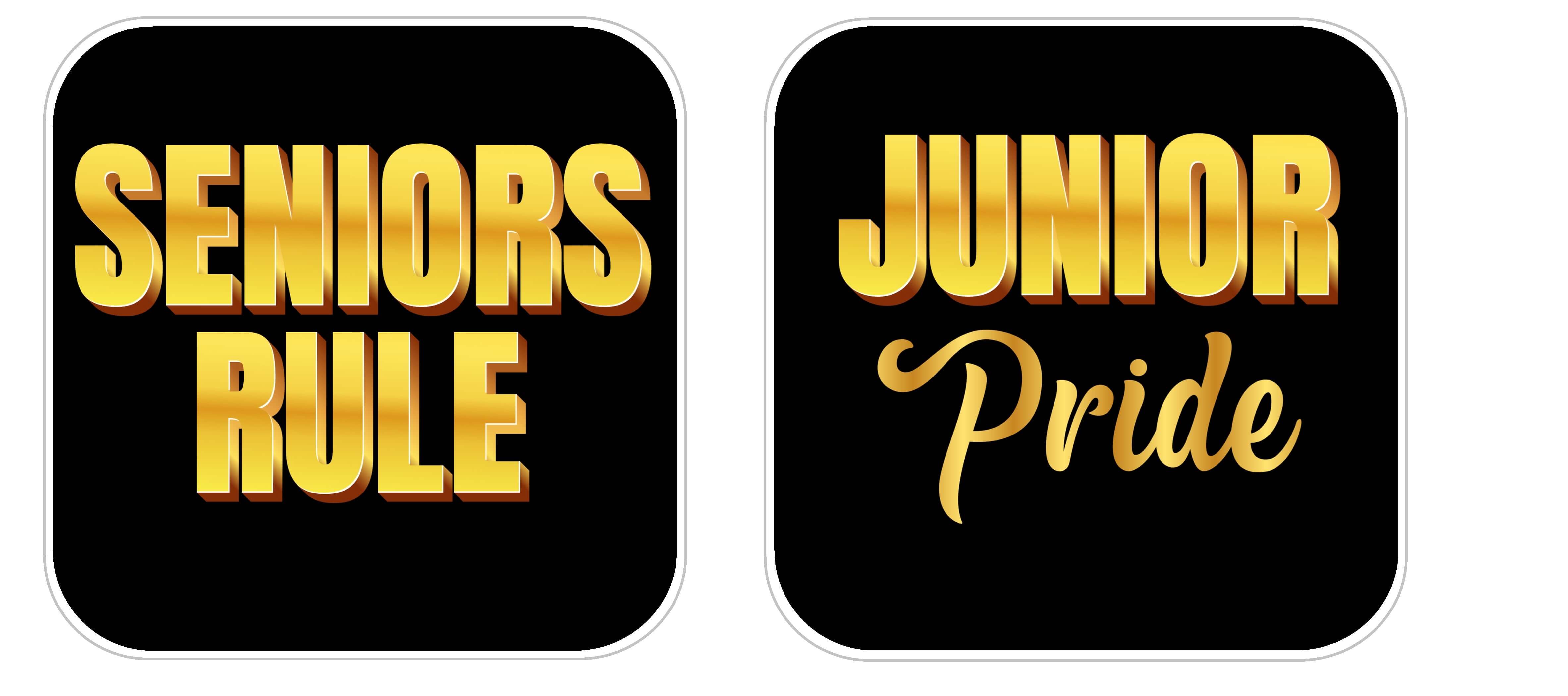 Homecoming Black and Gold Prop Set, photo booth props featuring 'Seniors Rule' and 'Junior Pride' in gold lettering.
