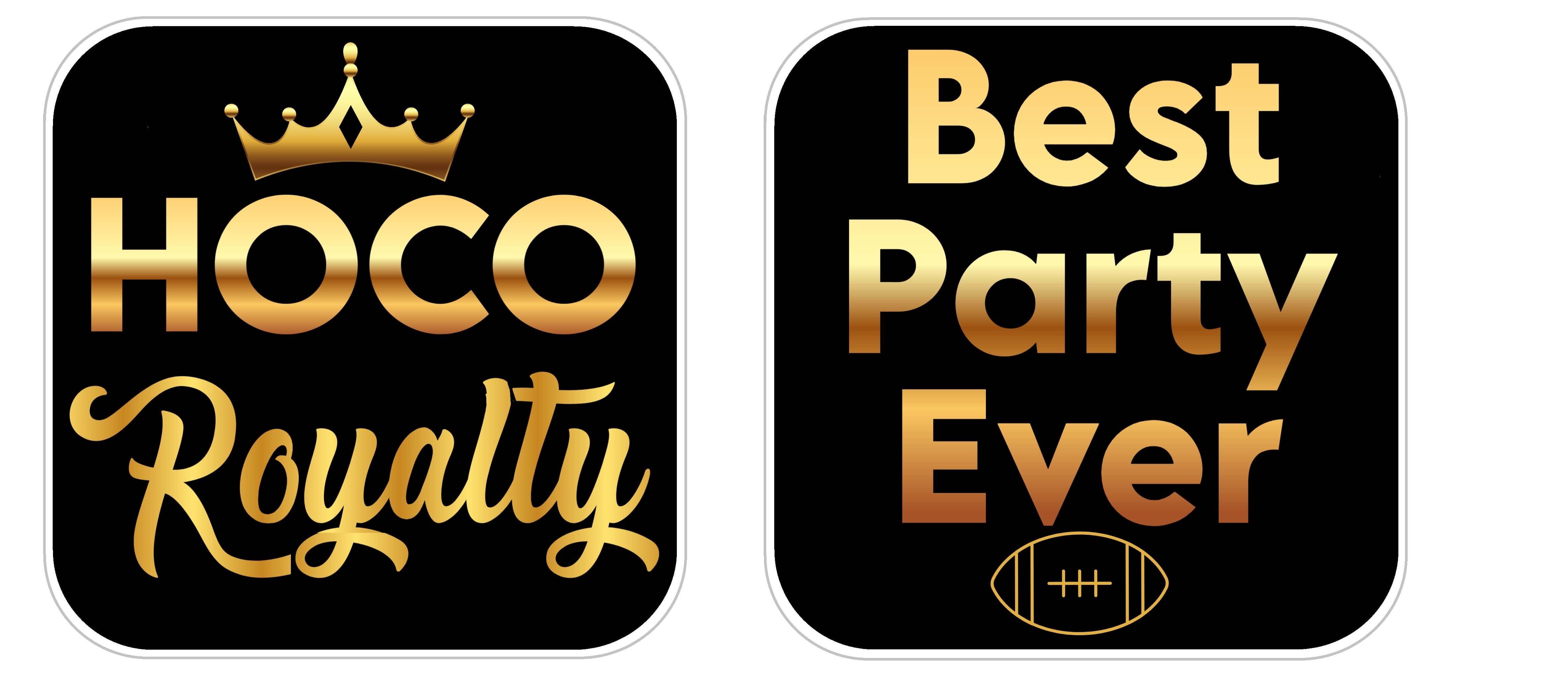 Homecoming Black and Gold Prop Set featuring stylish photo booth props with 'HOCO Royalty' and 'Best Party Ever' in gold.