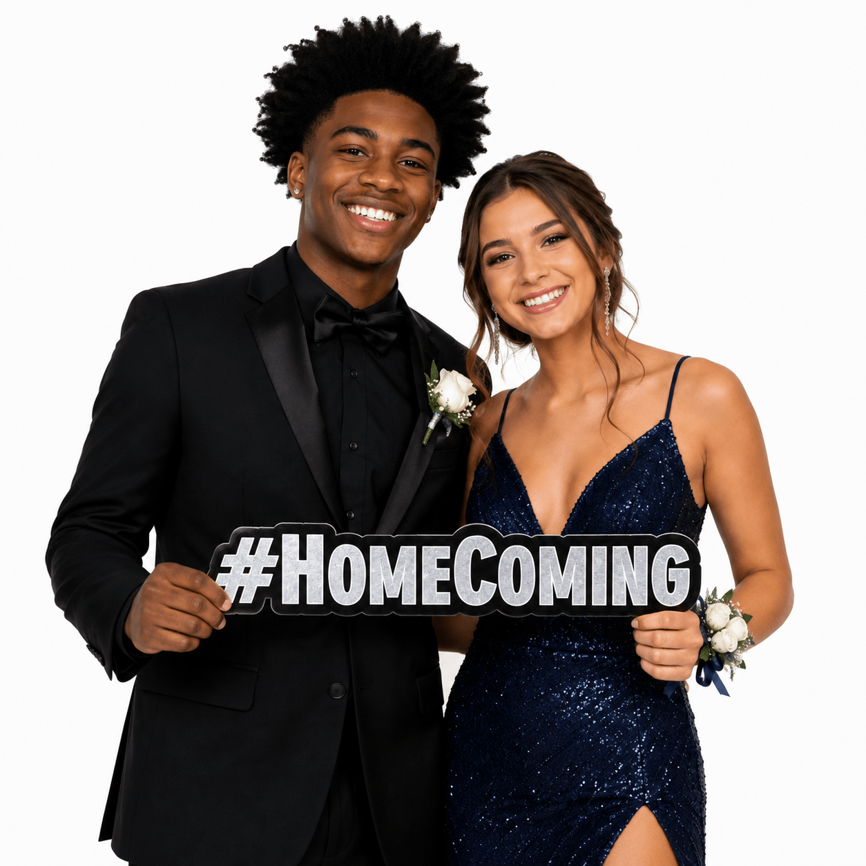 Couple holding #Homecoming (Silver) PVC Photo Booth Prop for party selfies and fun group shots.