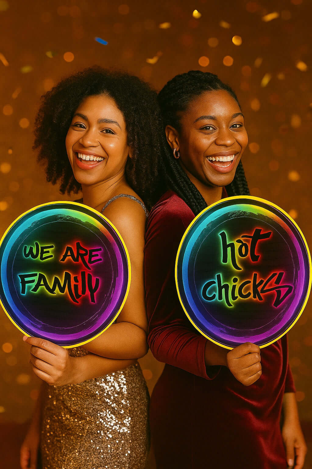 Two women holding colorful party props saying 'We Are Family' and 'Hot Chicks', against a sparkling golden background.