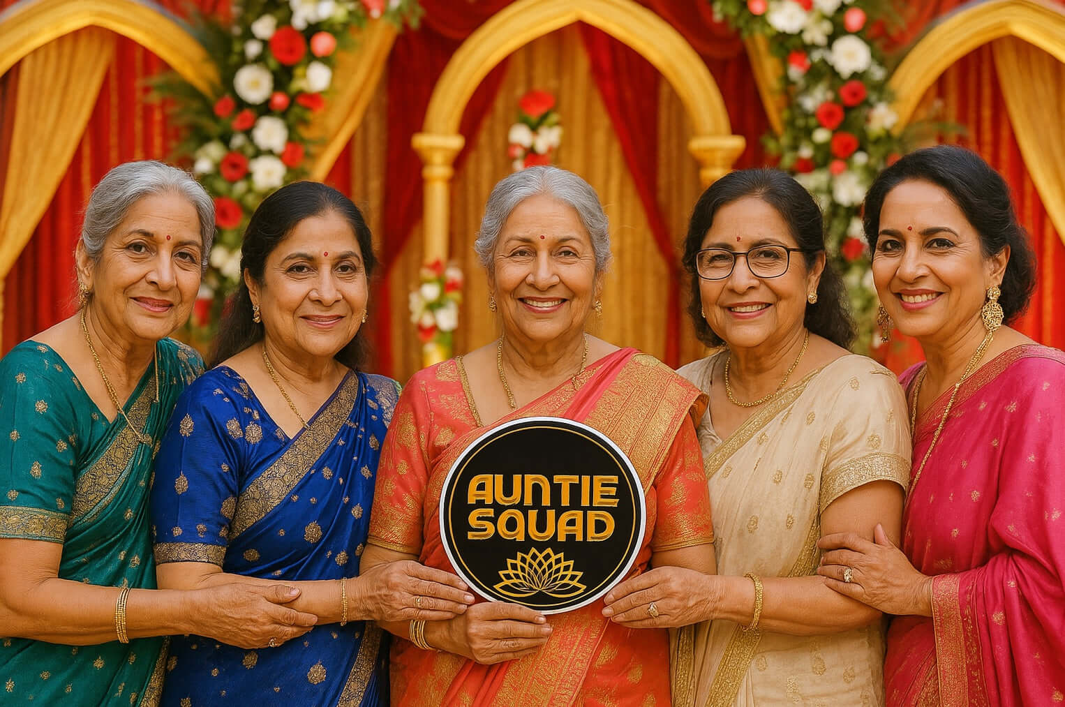 Five women in traditional attire holding an 'Auntie Squad' sign at a wedding celebration.