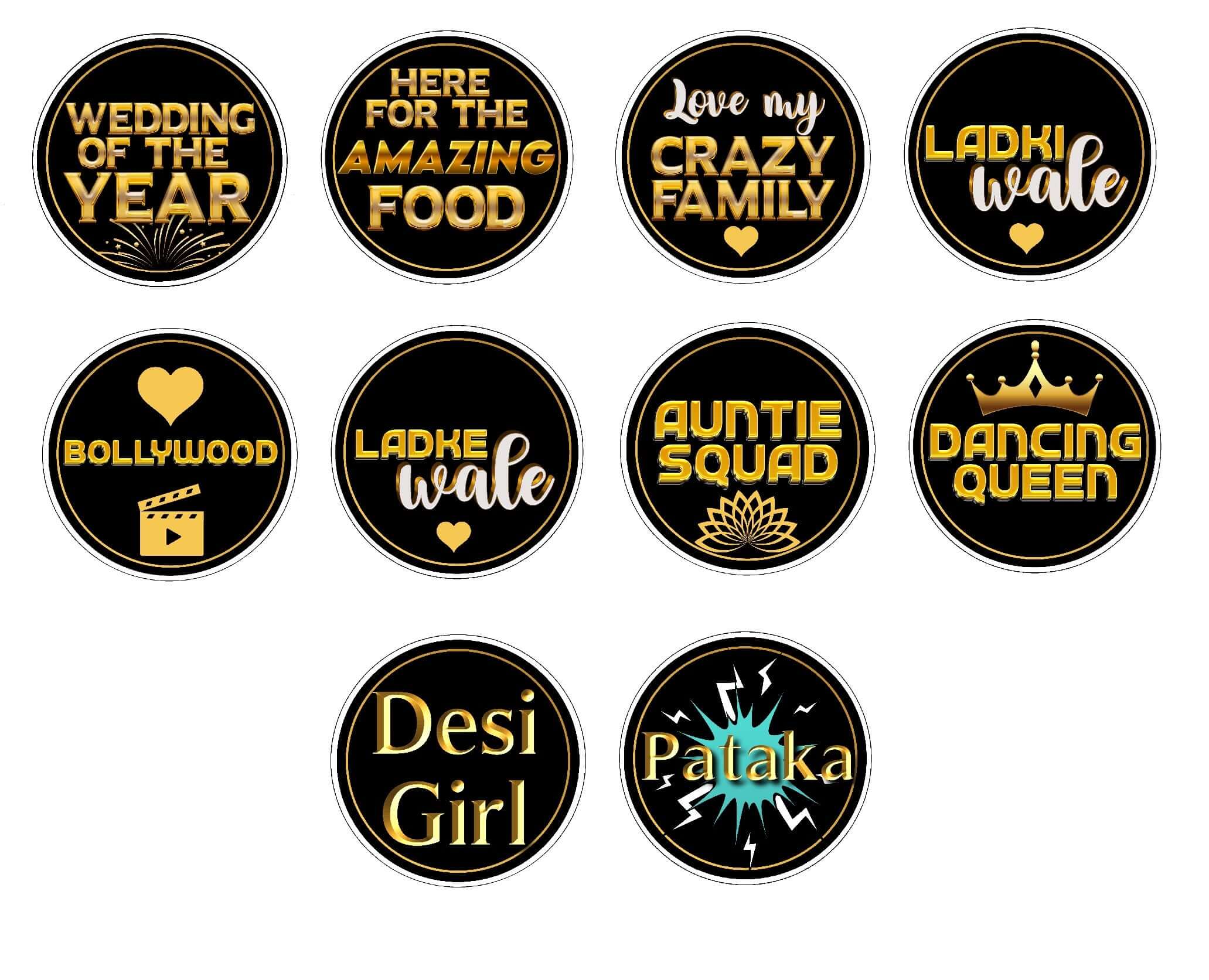 Elegant black and gold wedding props set featuring fun phrases for the perfect celebration.