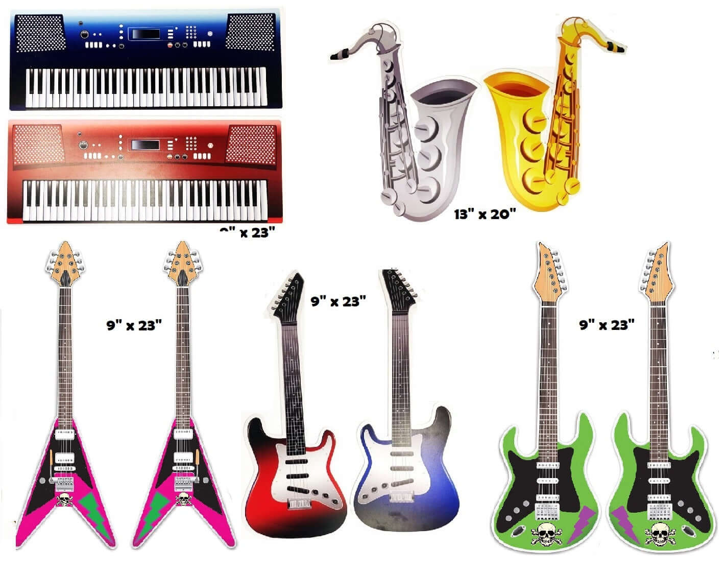 Colorful musical instruments collection including keyboards, saxophones, and guitars, made of durable PVC.
