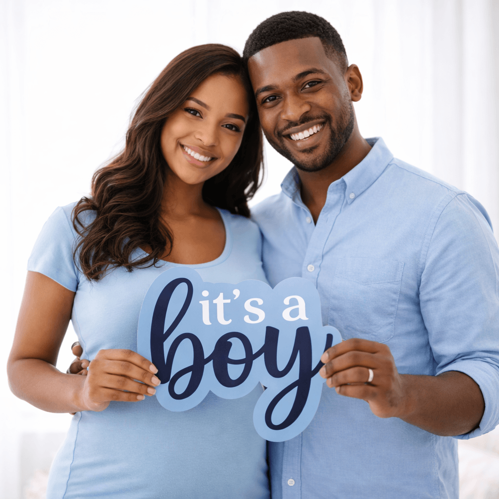 Couple holding a sign that says It's a Boy!, perfect for photo booth props, celebrating their new arrival.