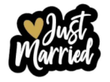 Colorful 'Just Married' sign with heart, fun wedding prop, 14 inches long, part of a new collection, anti-glare quality.