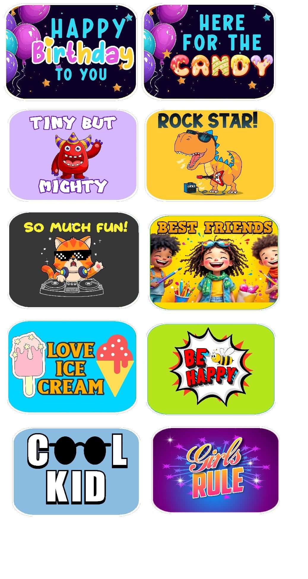 Colorful kids party props featuring fun sayings and characters like 'Happy Birthday', 'Rock Star', and 'Cool Kid'.