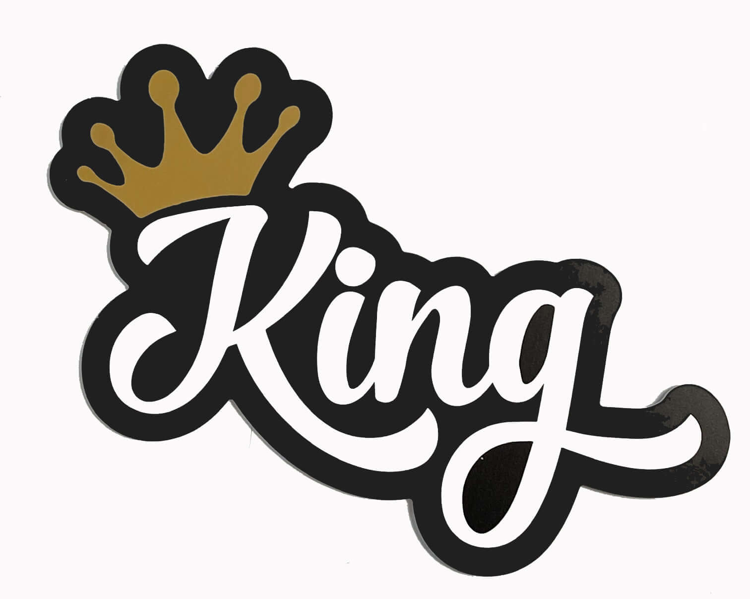 King prop with black and gold design, 14" long, 6mm thick, anti-glare, part of new collection, fun decor.