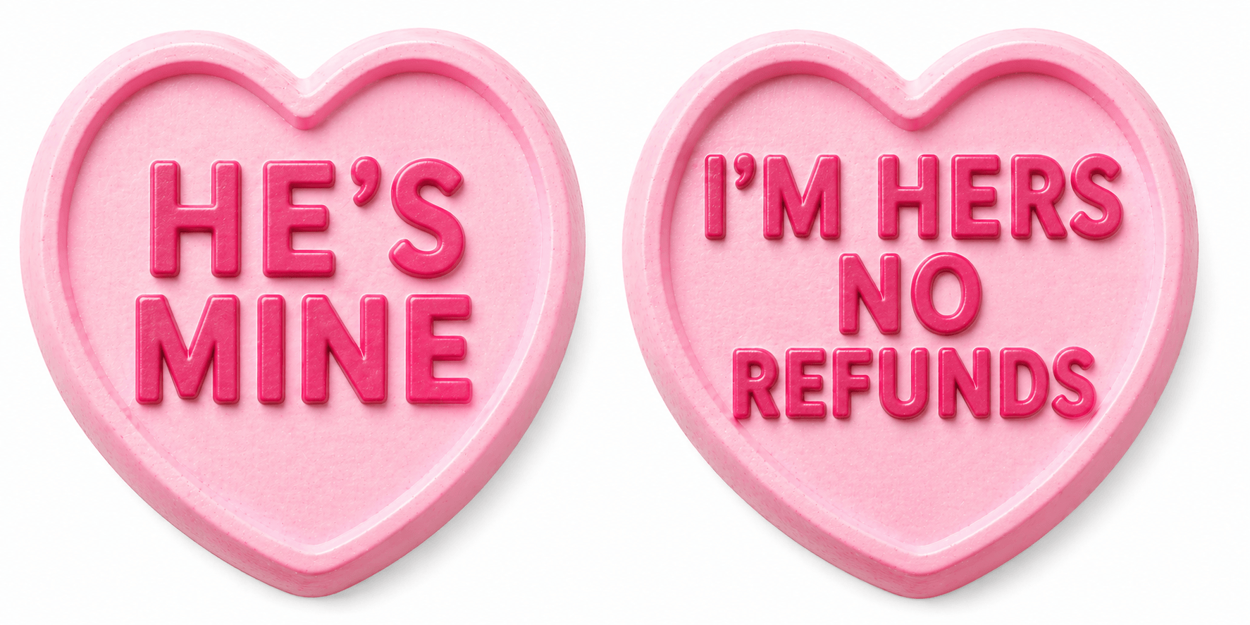 Ultimate hearts Wedding Set Photo Booth Props with pink heart shapes saying "He's Mine" and "I'm Hers No Refunds".