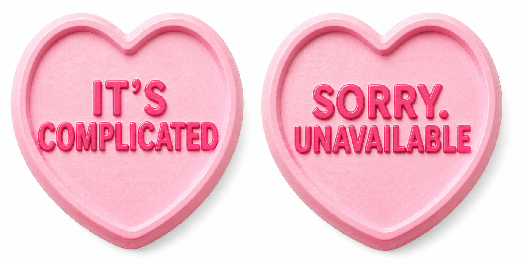 Ultimate hearts Wedding Set Photo Booth Props featuring big heart shaped sayings It's Complicated and Sorry. Unavailable.