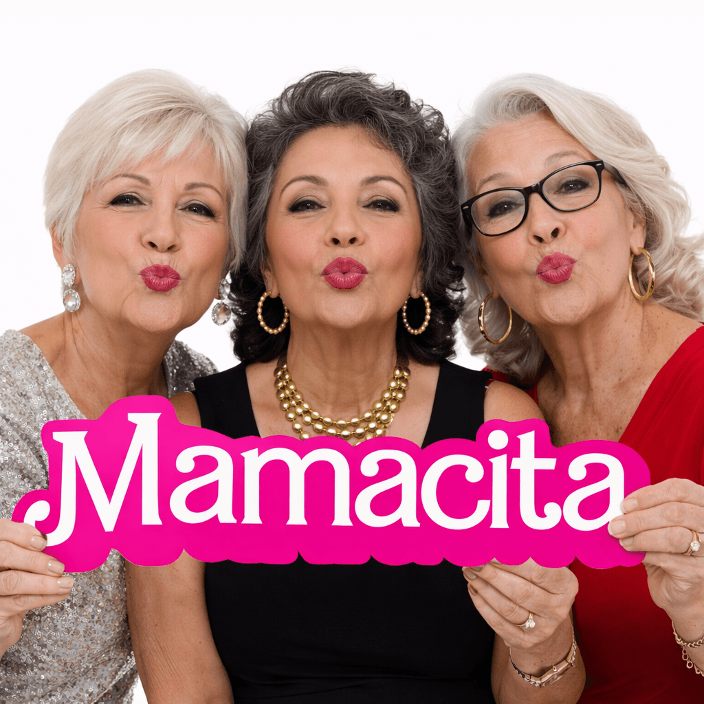 Three women posing with the Mamacita Individual Prop, a vibrant pink photo booth prop for fun celebrations.