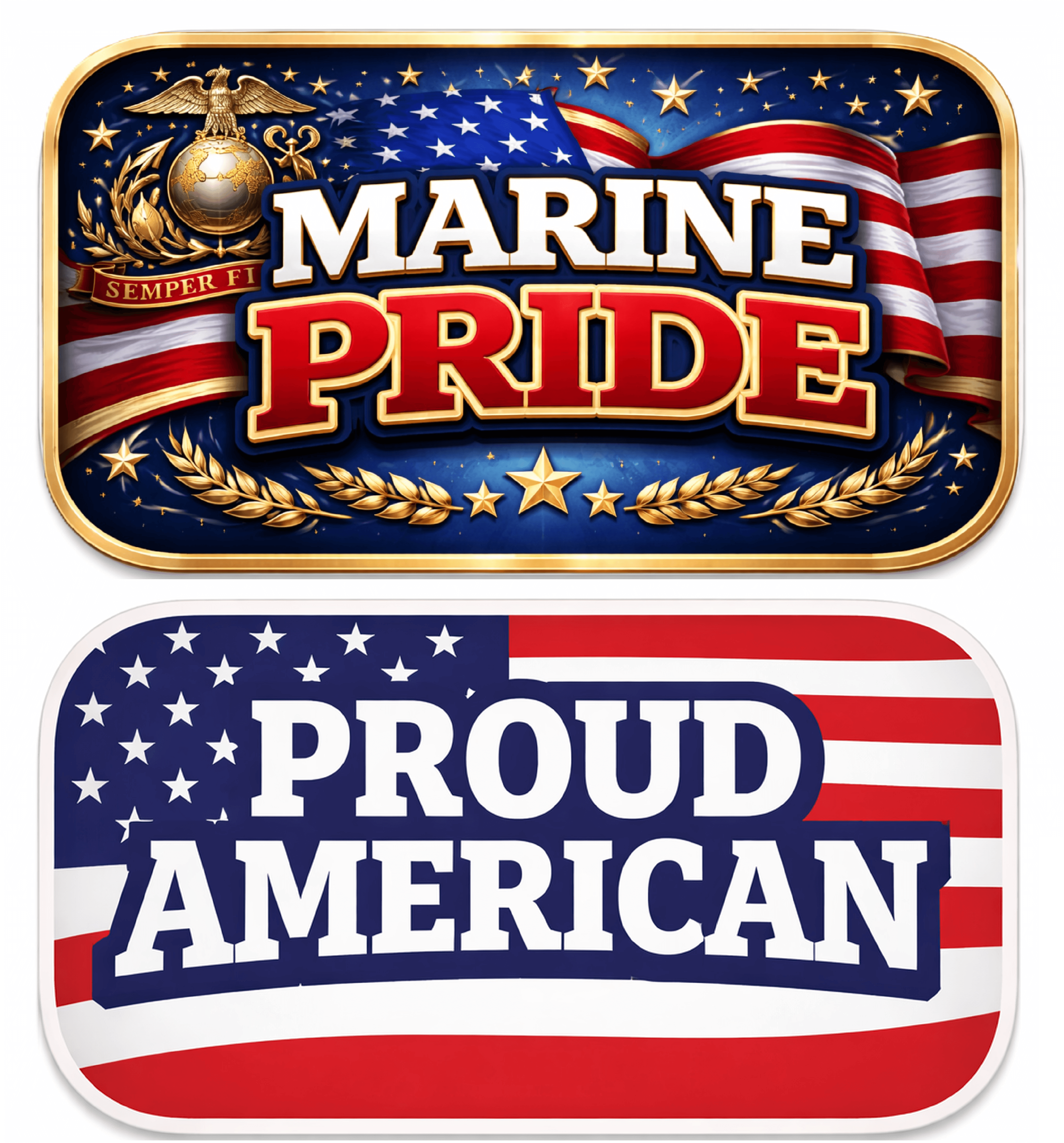 Marine Pride and Proud American graphic designs featuring patriotic themes with flags and emblems.