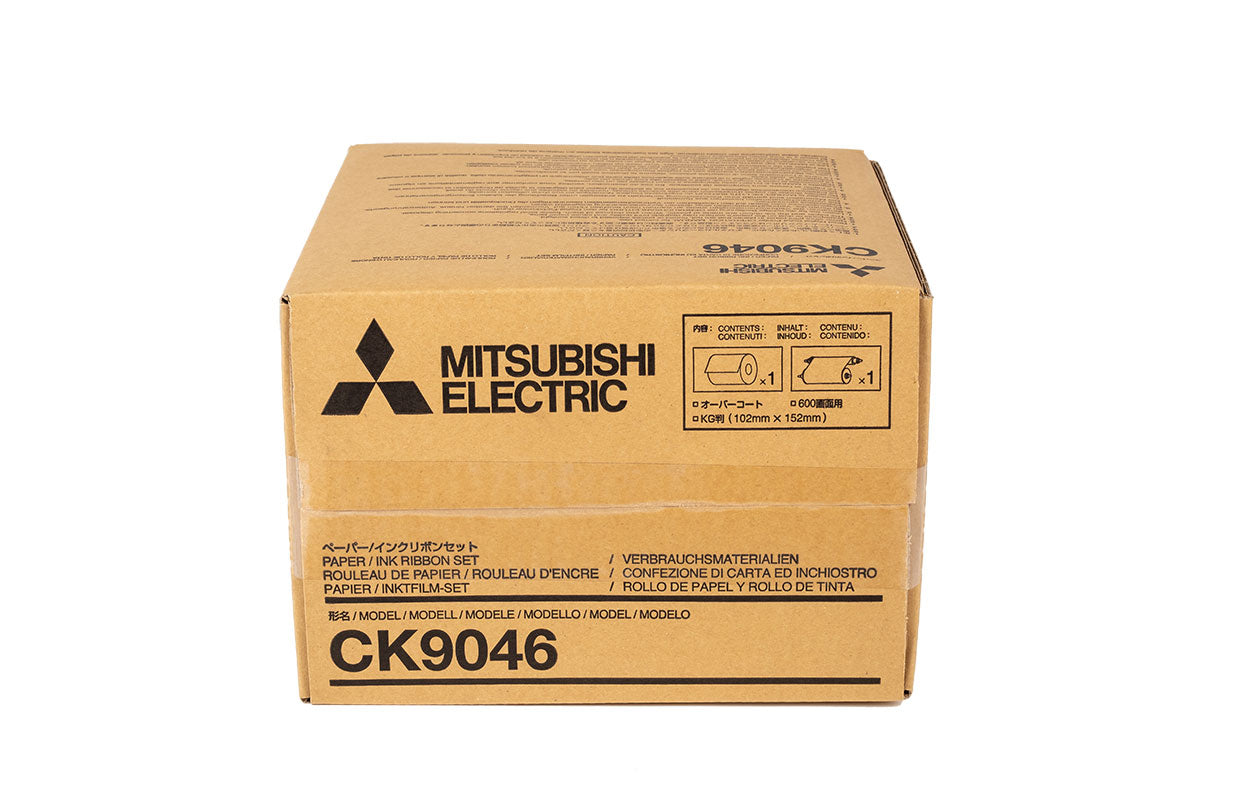 Mitsubishi CK9046 Media Kit box containing photo paper and ribbon for quality prints.