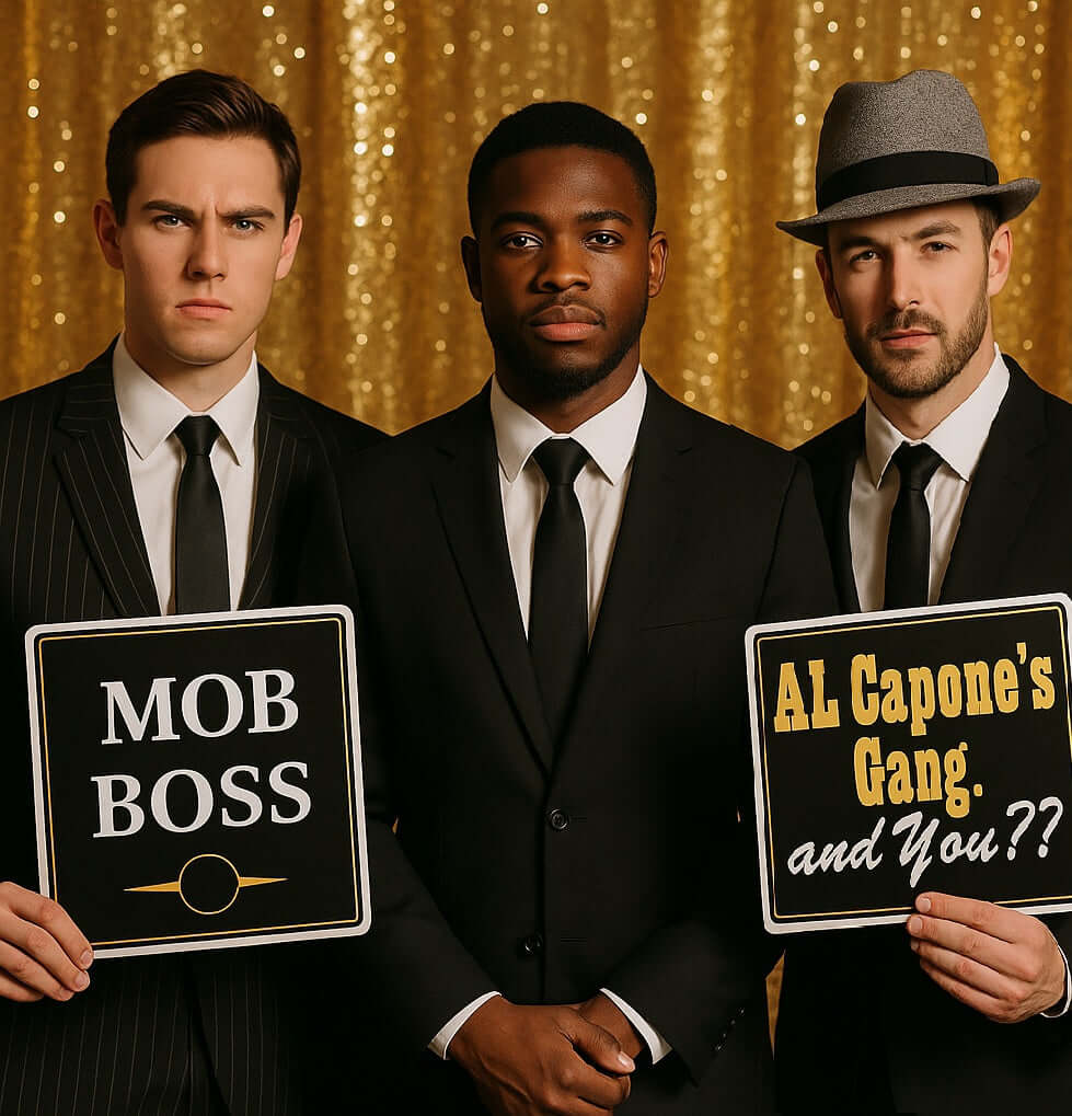Three men in suits holding mob-themed photo booth props, including 'MOB BOSS' and 'AL Capone's Gang' signs.