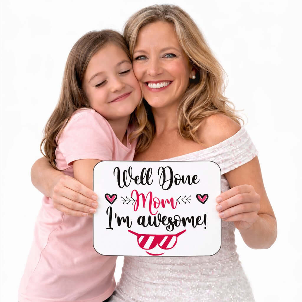 Mothers Day Prop Set featuring a sign that says 'Well Done Mom I'm awesome!' with a mother and daughter smiling.