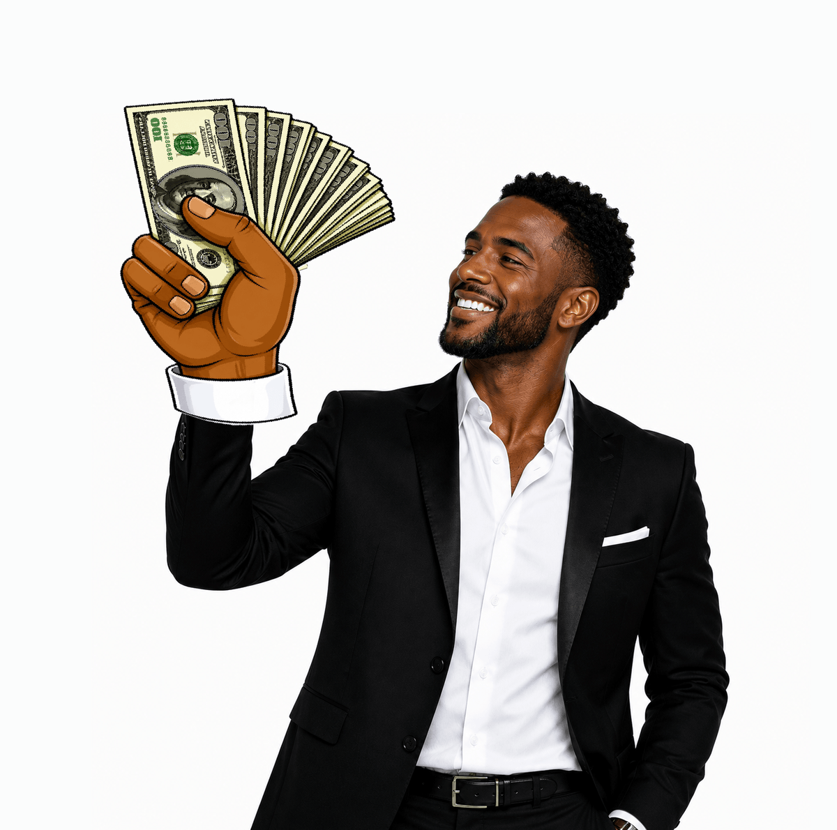 Oversized Money Hand Photo Booth Prop with Pop Socket. Durable 6mm PVC with an anti-glare finish for parties, weddings and photo booths.