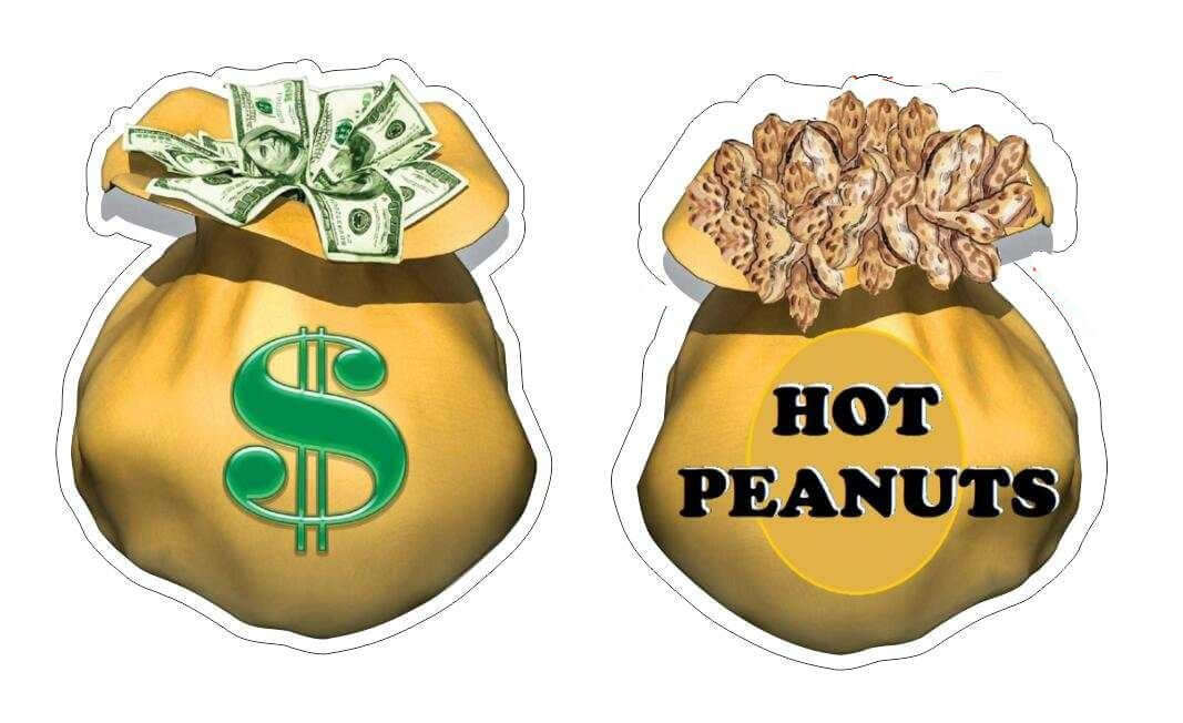 Colorful Money Peanuts prop featuring a money bag and hot peanuts, double-sided design, 14 inches tall, 6mm thick.