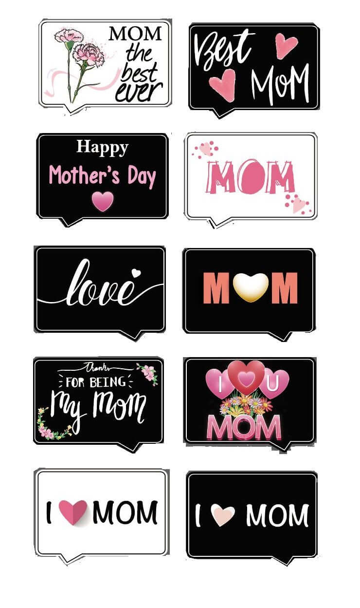 I Love Mom collection - five double-sided props for Mother's Day, featuring heartfelt messages and vibrant designs.