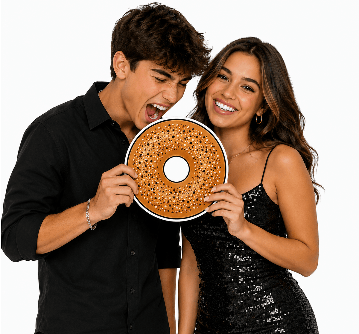 Young couple holding New York Vibe Photo Booth Props – 5 Double-Sided Party Props with donut design.