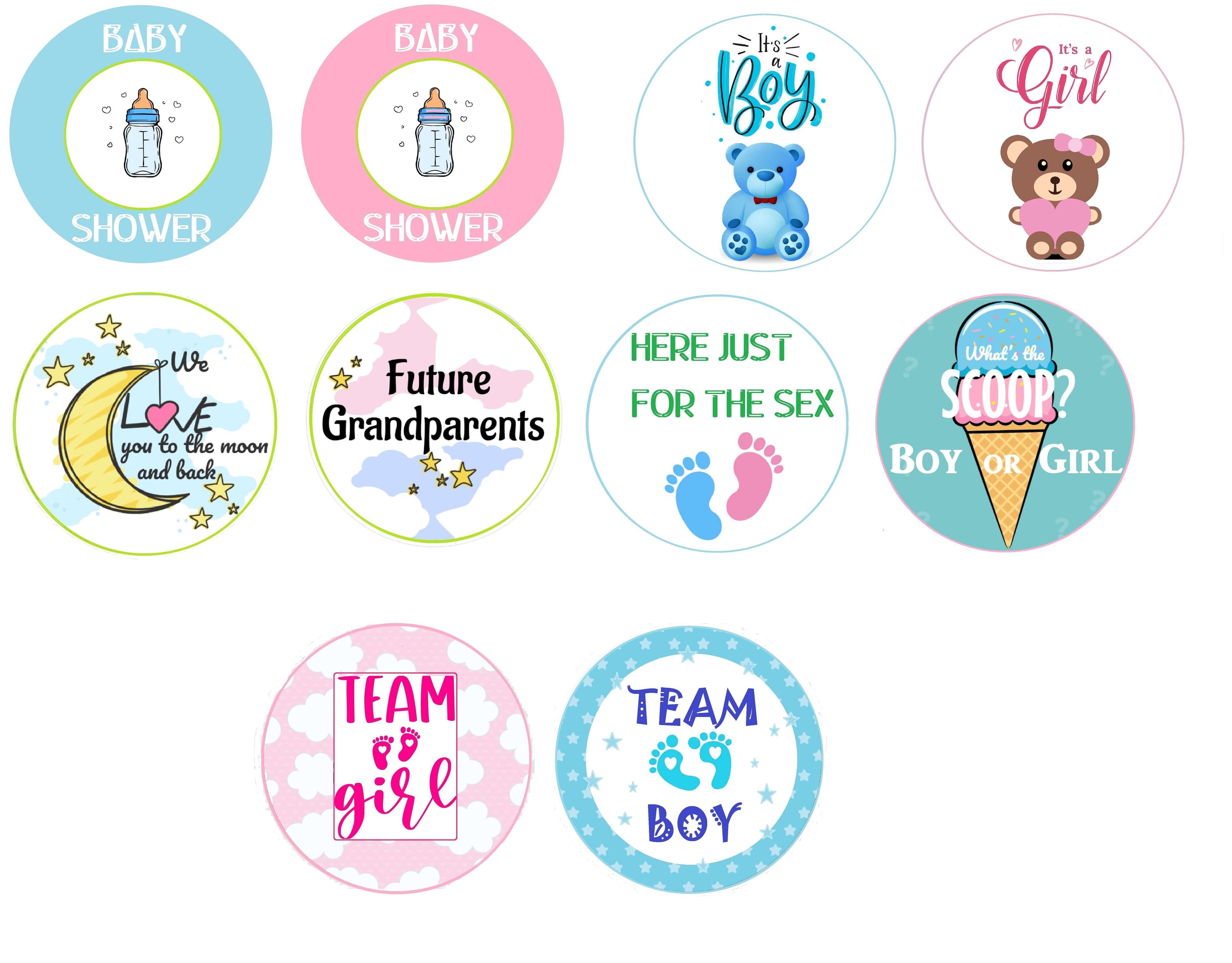 Colorful set of 10 gender reveal baby shower props with cute designs, featuring 'Boy', 'Girl', and family themes.