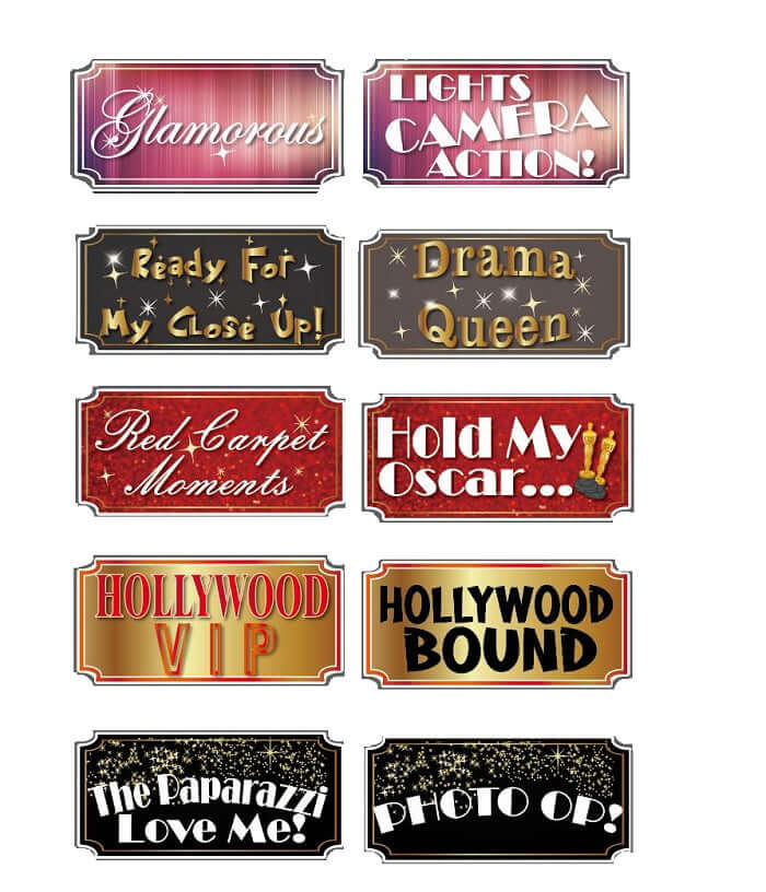 Hollywood photo booth prop set featuring 10 double-sided sayings for party fun.