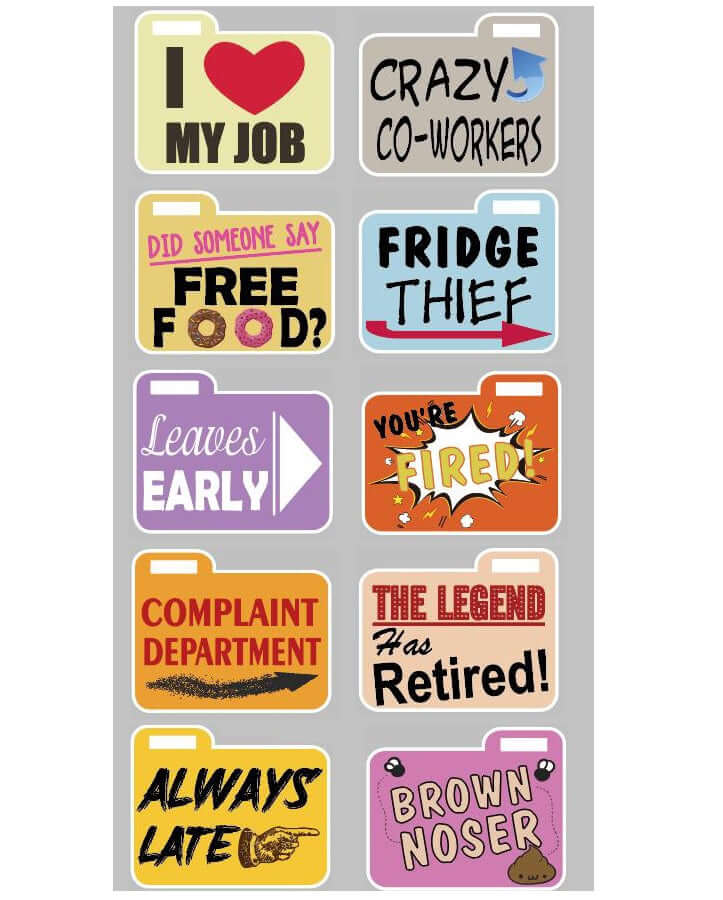 Five double-sided PVC files with humorous office-themed designs like 'You're Fired!' and 'Fridge Thief!'