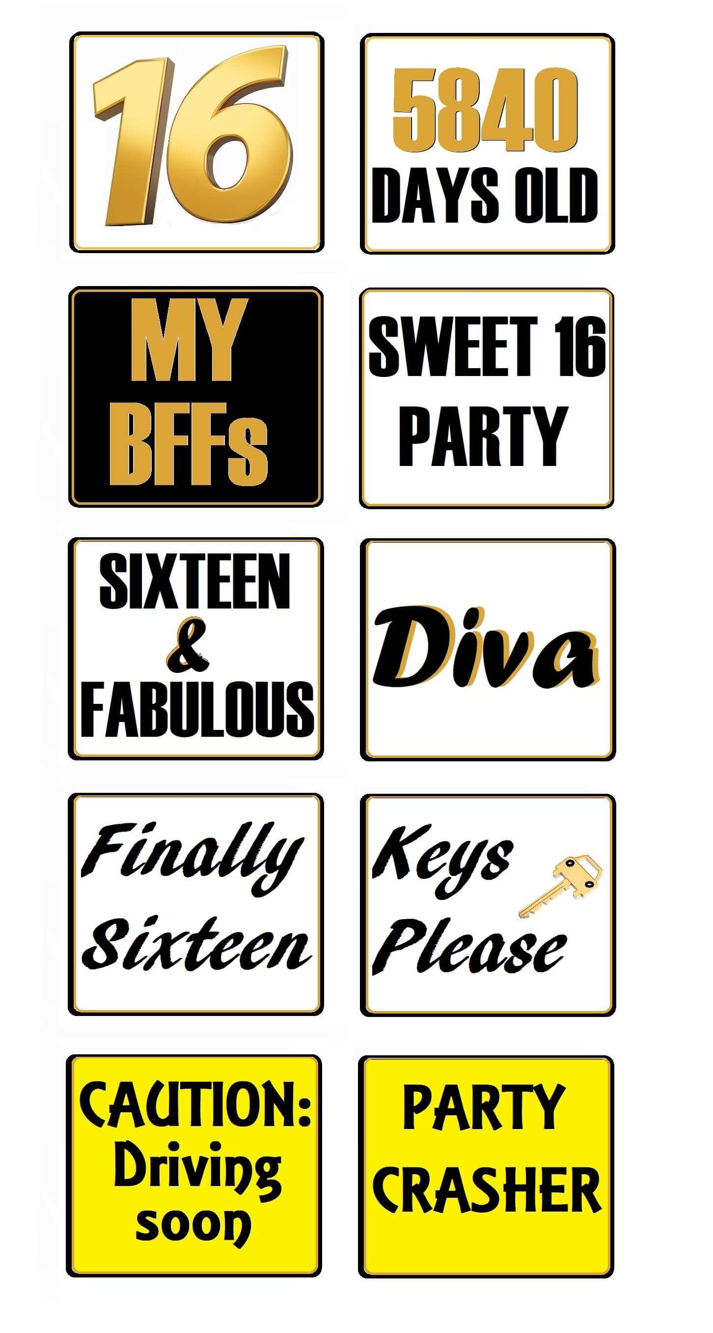 Colorful party props for Sweet Sixteen celebration, featuring fun phrases like Diva, Party Crasher, and more.