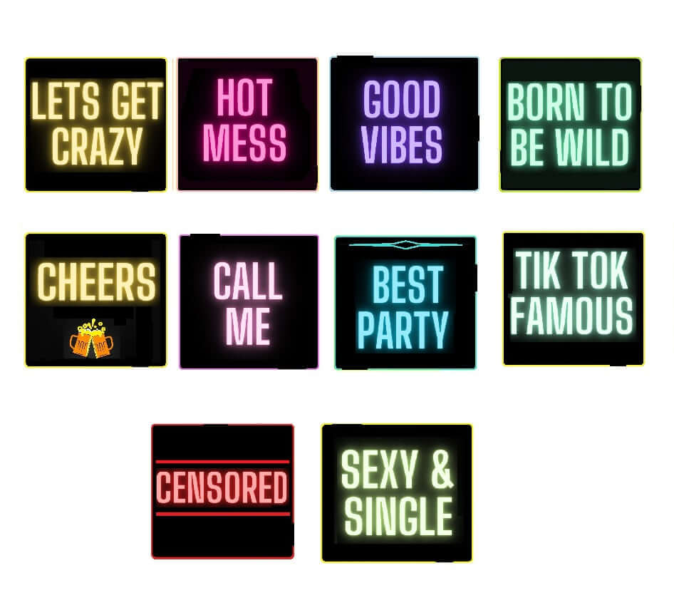 Colorful neon sign collection with phrases for fun parties: 'Let's Get Crazy', 'Hot Mess', 'Good Vibes' & more.