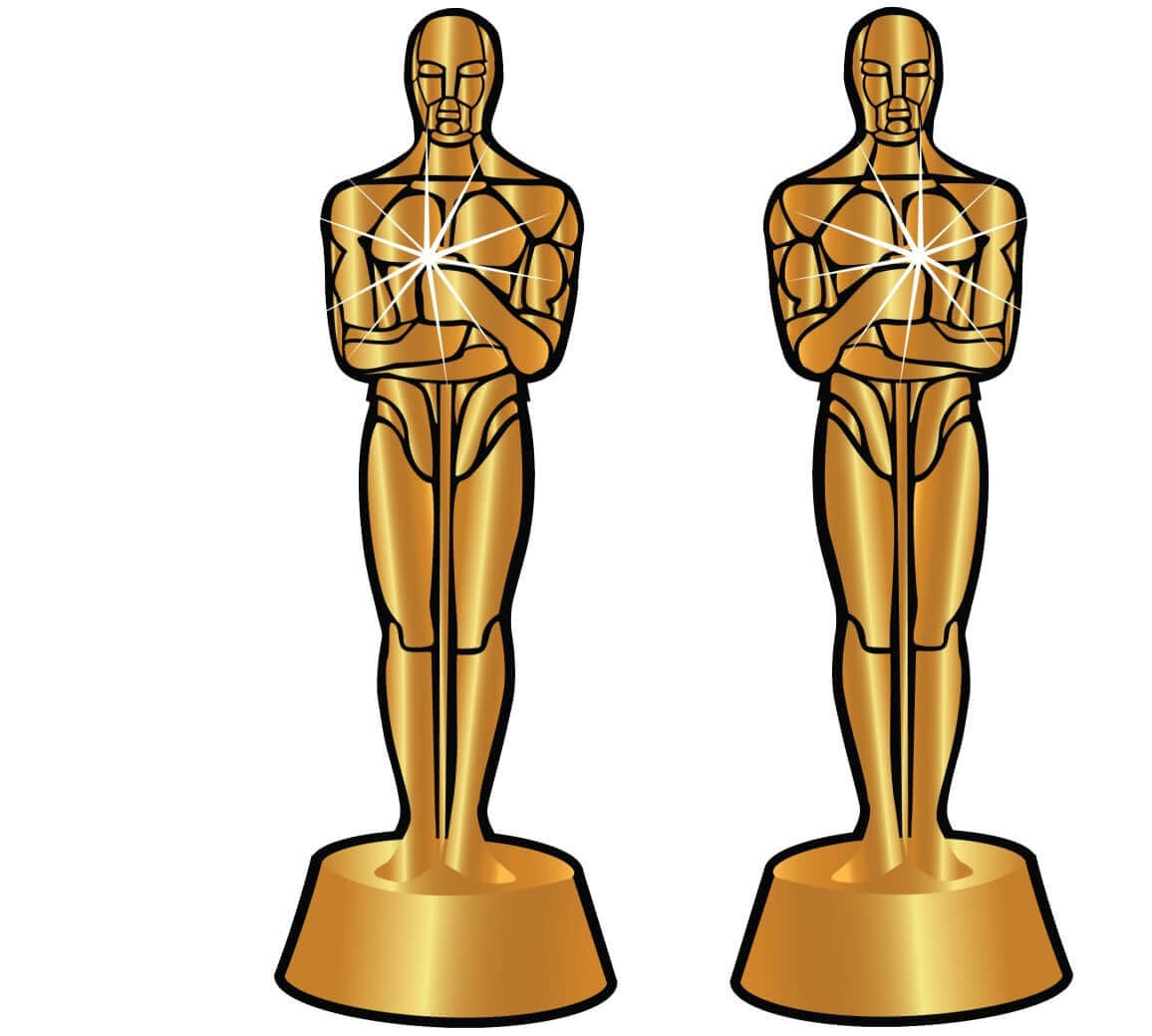 Oscar photo booth props featuring two golden statuettes, perfect for award-themed parties and celebrations.