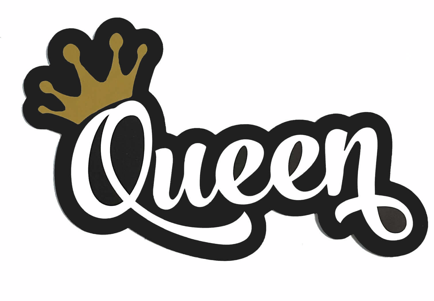 Black and gold 'Queen' prop sign with a crown, 14 inches long, perfect for events or decor, anti-glare and high quality.