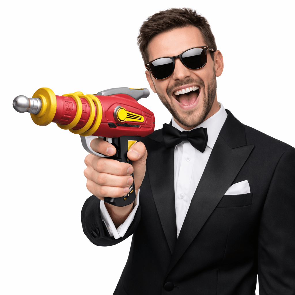 Man in tuxedo with sunglasses holding a Ray gun, ideal for photo booth props.