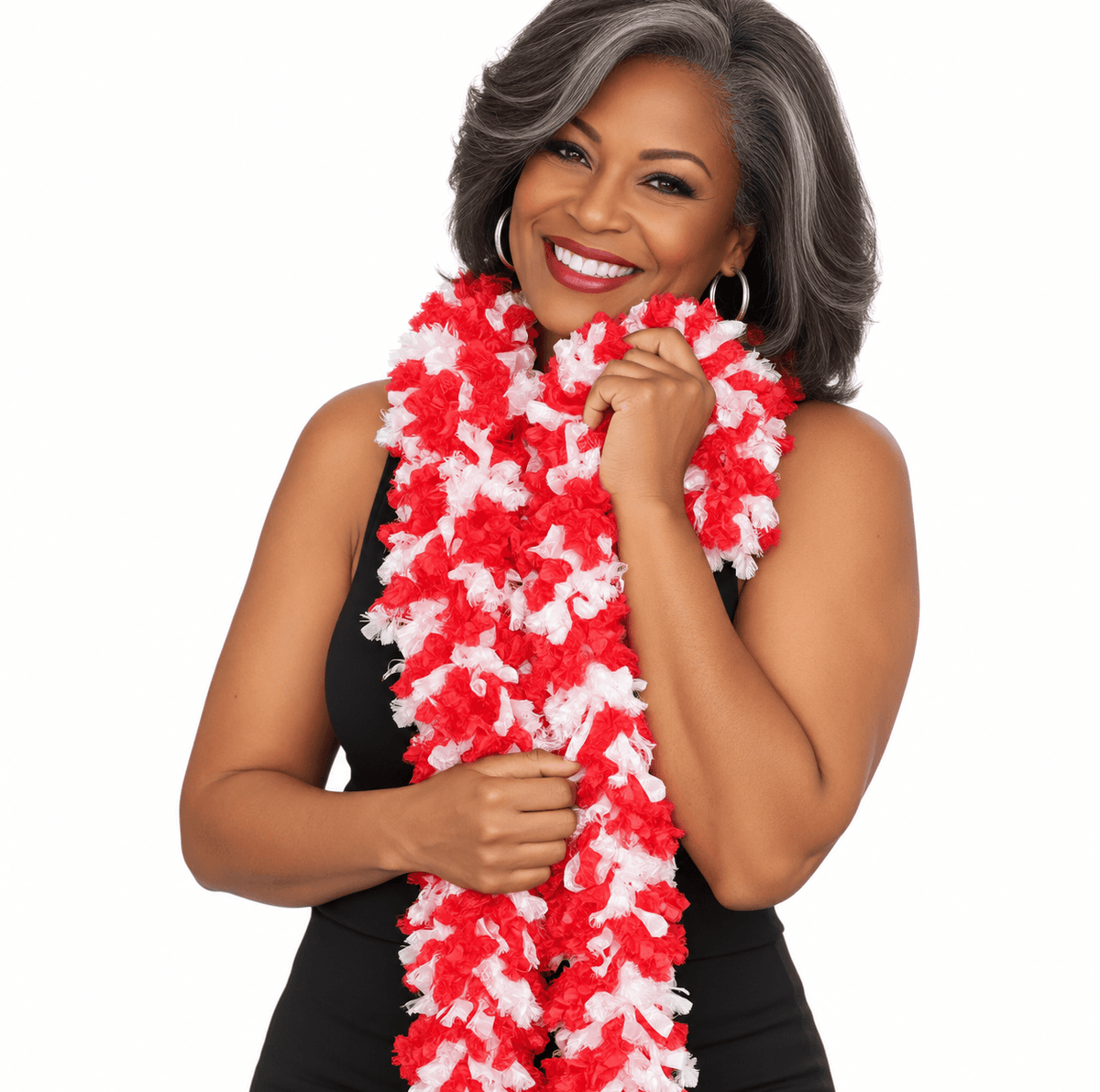 Red and white featherless boa for photo booths, Christmas parties and school events