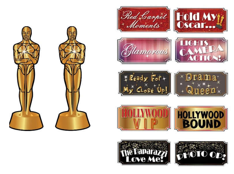 Hold My Oscar photo booth prop set featuring 6 stunning signs and 2 golden Oscar statues for fun party moments.