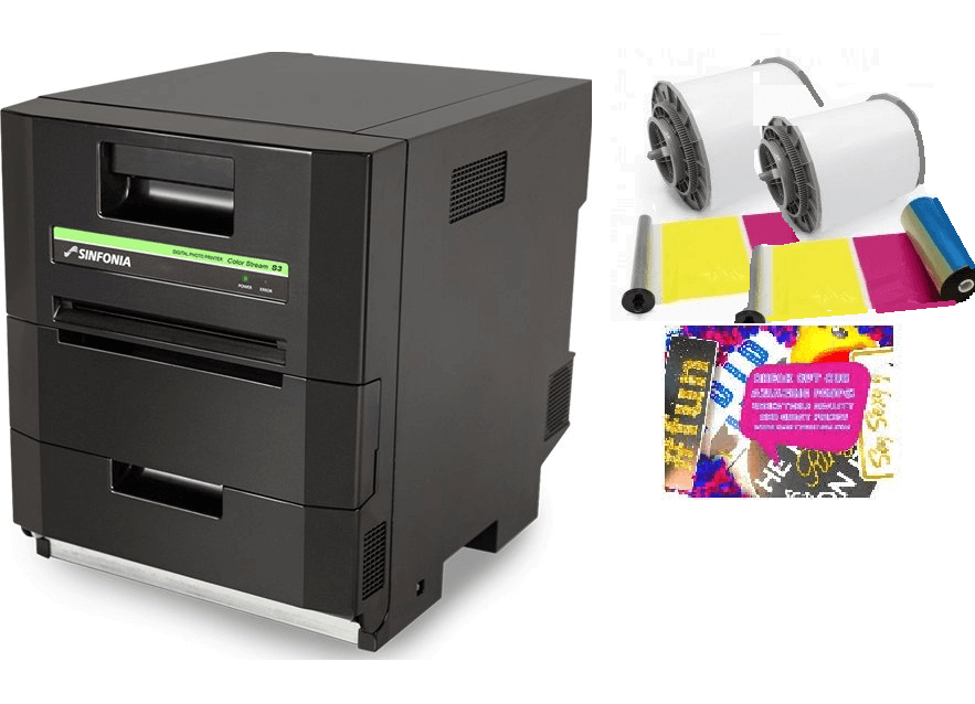 Sinfonia S3 printer bundle with 4x6 media, including ribbons and photo booth props for events.