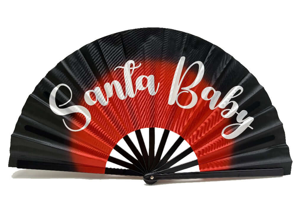 Folding Santa Baby fan, 13 inches tall, colorful prop for festive events, adds fun to any celebration.