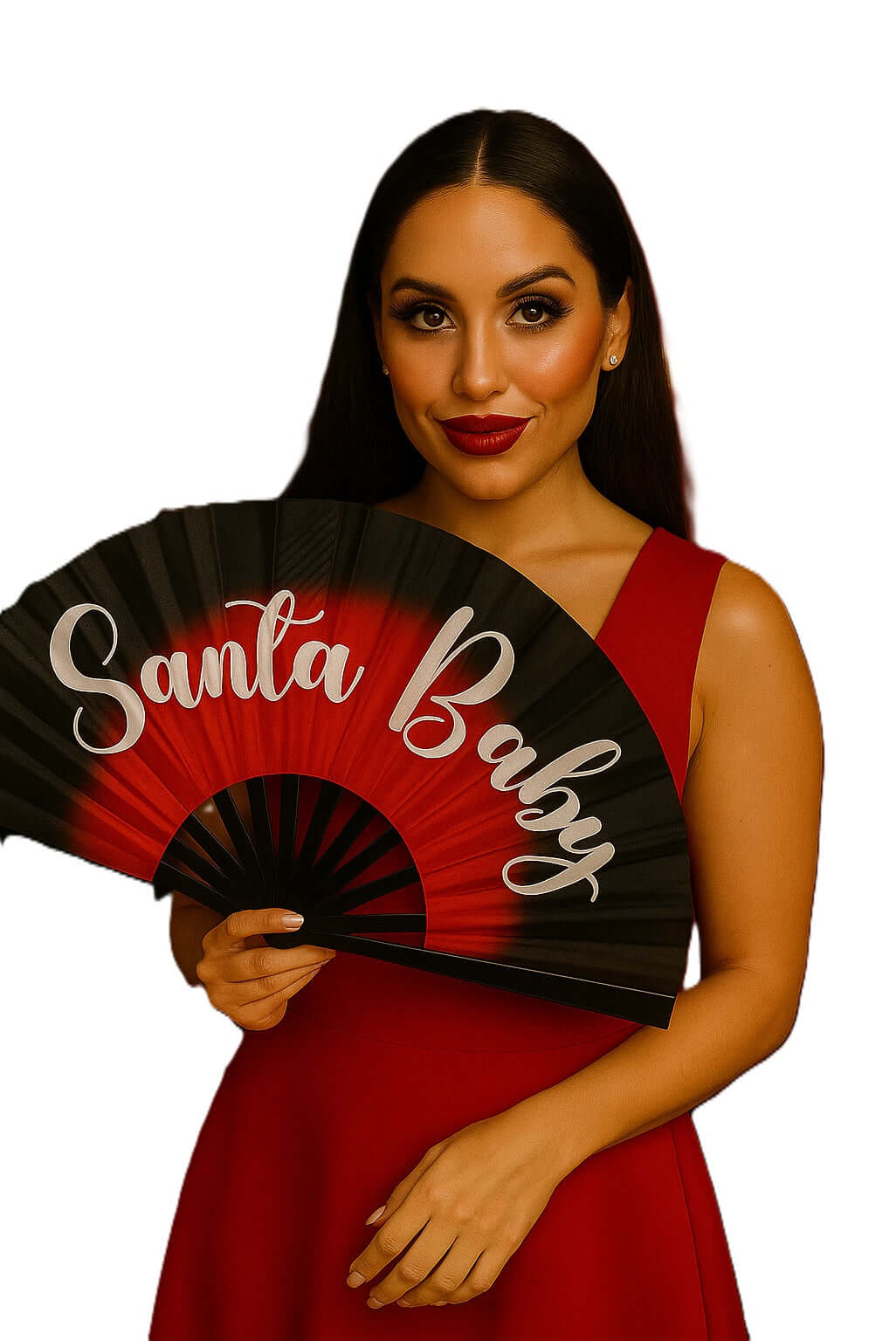 Woman in red dress holding a colorful folding fan reading 'Santa Baby', fun event prop for festive occasions.