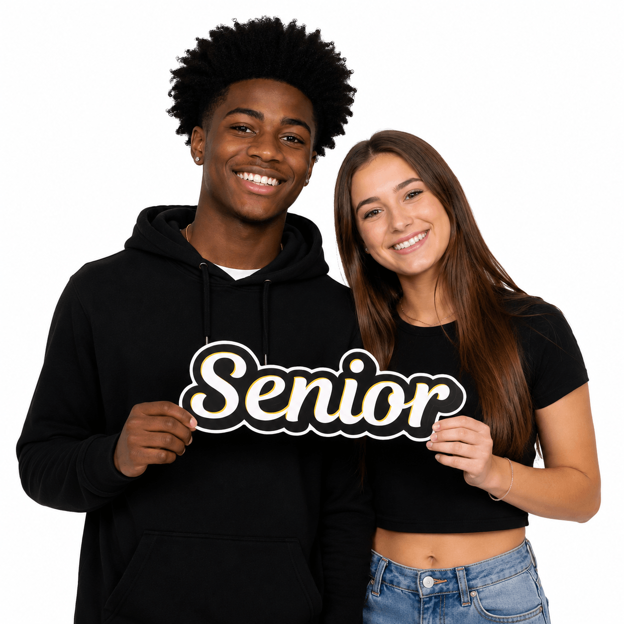 Two smiling students holding a Senior PVC Photo Booth Prop for fun selfies and group shots.