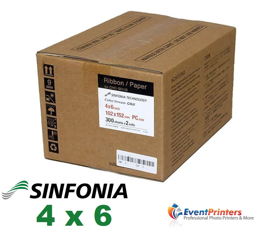 Sinfonia CS2 4x6 media kit box featuring high-quality ribbon and paper for professional printing.