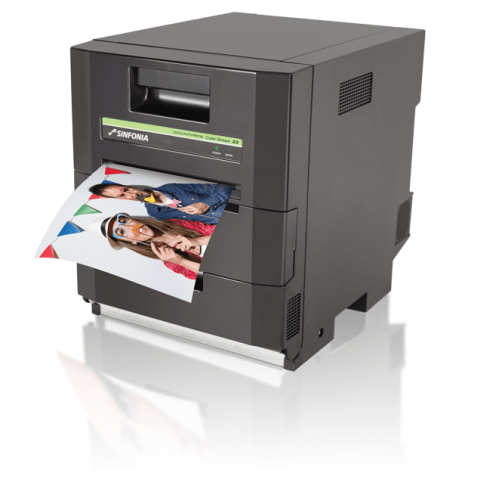 Sinfonia S3 photo printer with printed photos, designed for fast high-capacity photo printing in various applications.