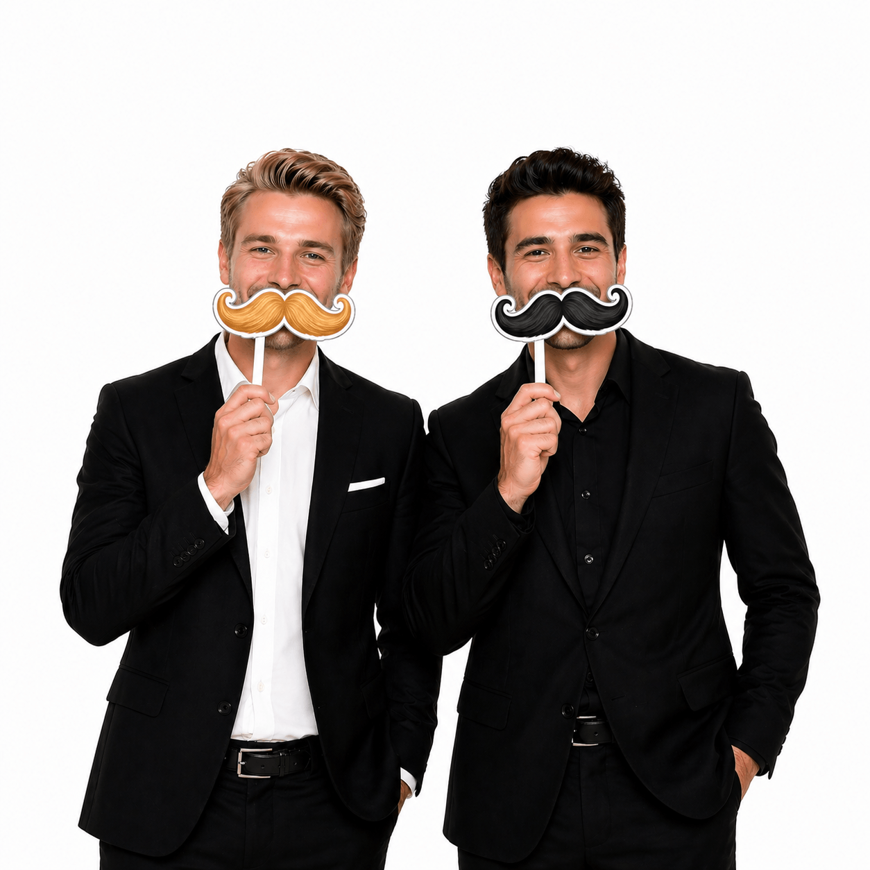 Two men in suits holding mustache PVC Photo Booth Props, enjoying the Ultimate Mustache Set Photo Booth Props.