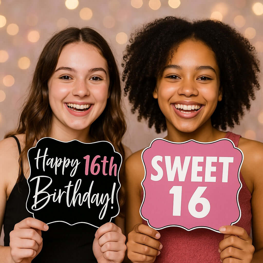 Two smiling girls celebrating Sweet 16 with birthday signs, featuring Happy 16th Birthday and Sweet 16 props.