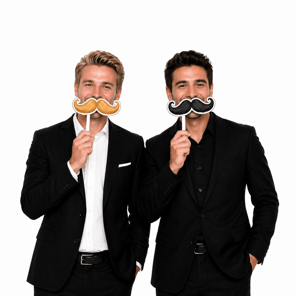 Two men in suits holding mustache PVC Photo Booth Props, enjoying the Ultimate Mustache Set Photo Booth Props.