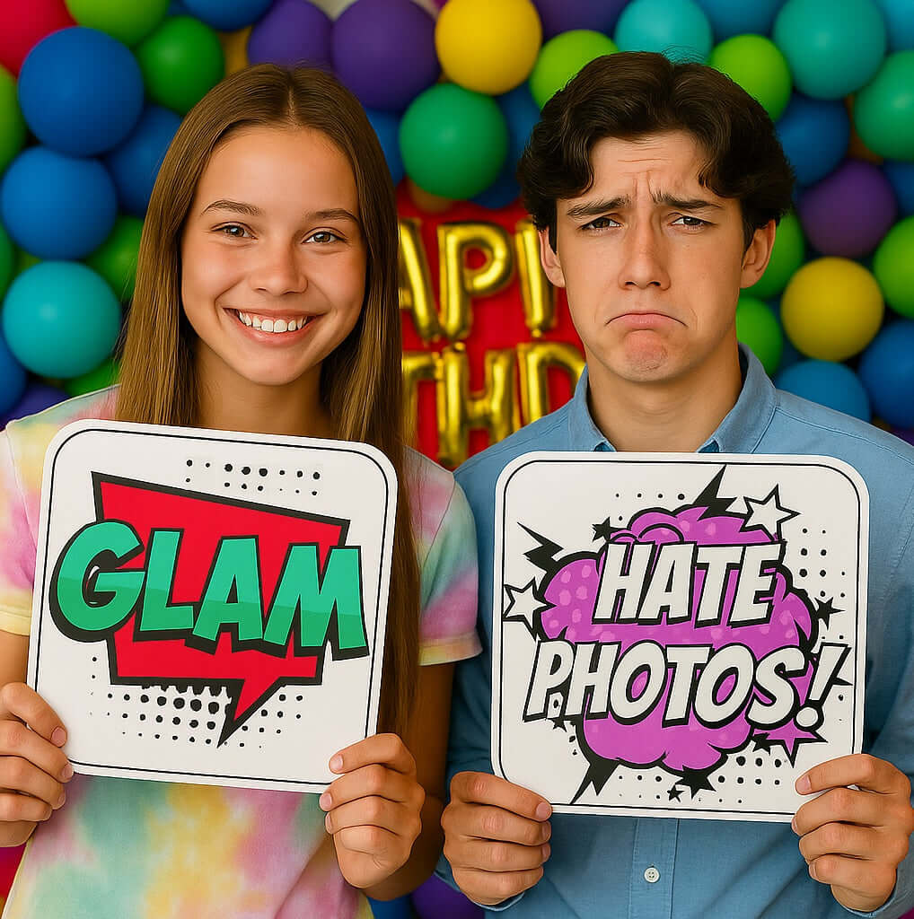 Two young adults holding colorful speech bubble props 'GLAM' and 'HATE PHOTOS' against a vibrant party backdrop.