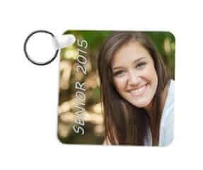 Customizable square keychain featuring a smiling student with 'SENIOR 2015' text, perfect for graduation memories.