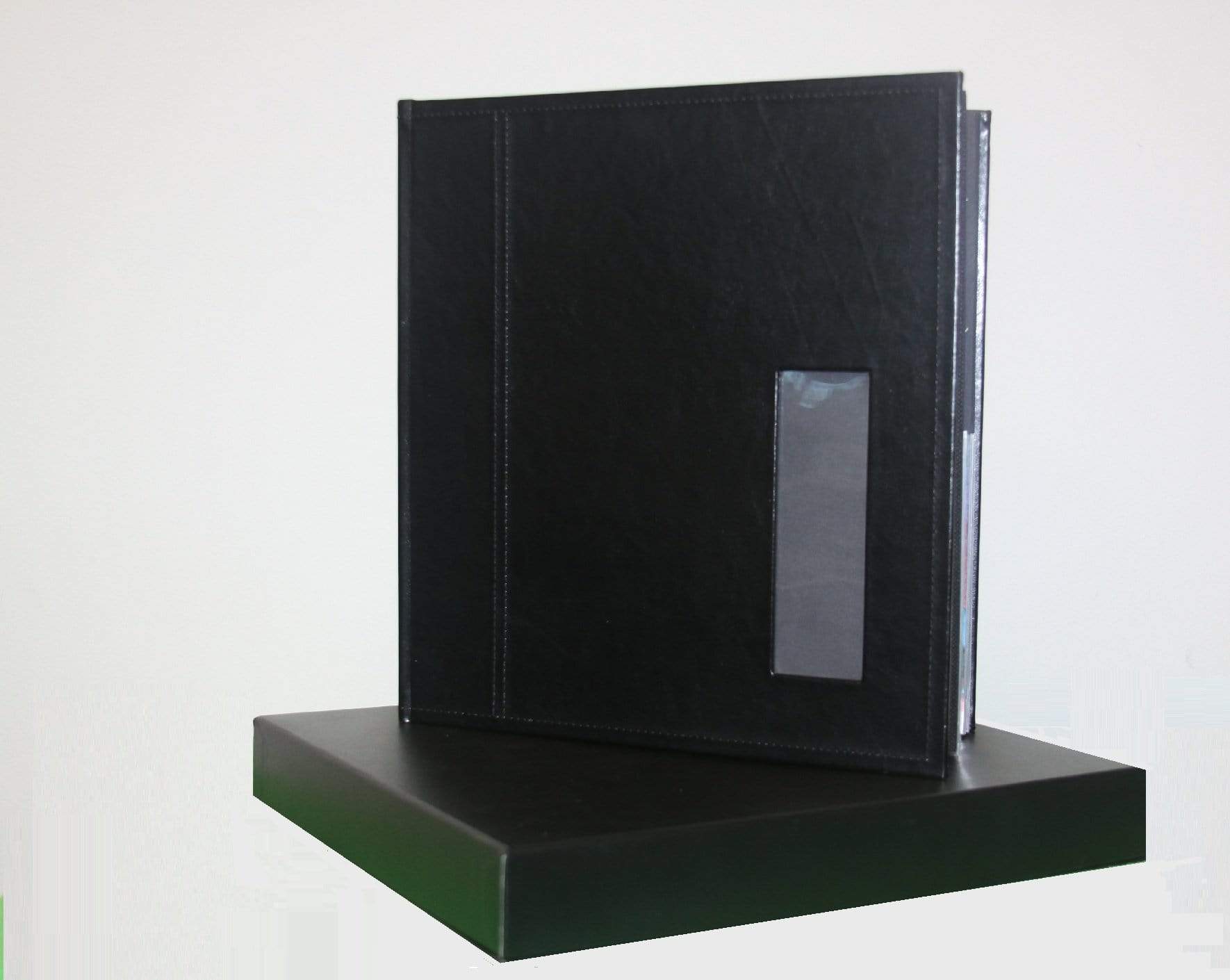 Elegant black photo booth album with sturdy box and black pages, perfect for showcasing memories.