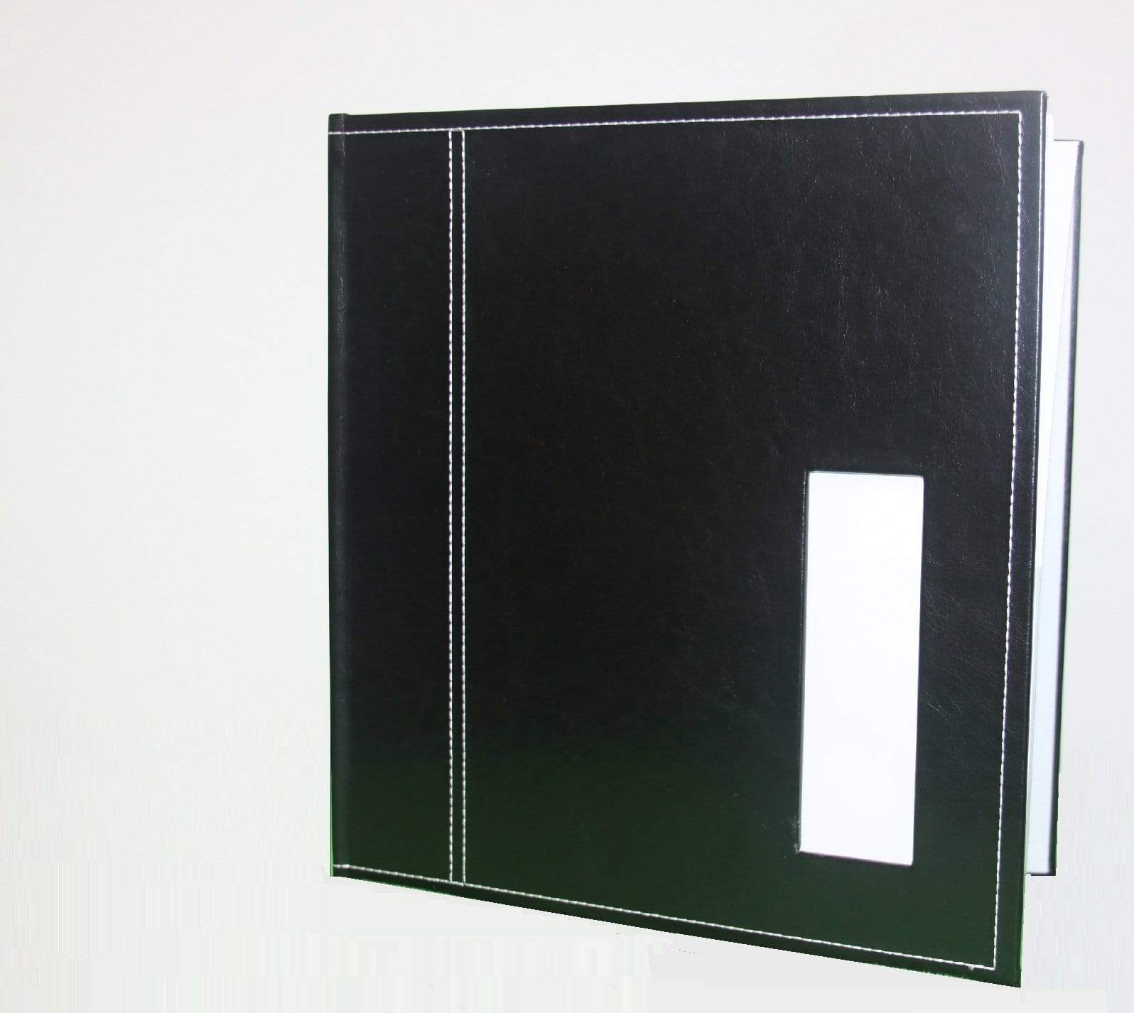 Elegant black leather photo album with white stitching and a window cutout, perfect for displaying cherished memories.