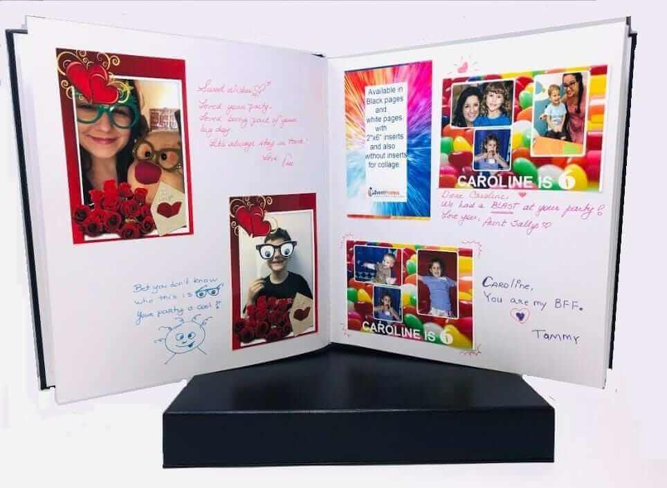 Colorful photo booth album with white pages showcasing fun pictures and handwritten notes, perfect for memory keeping.