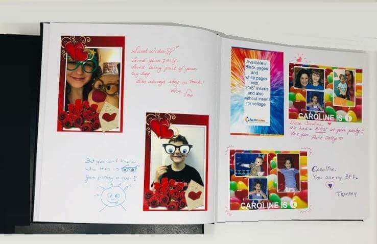 Colorful photo booth album pages with images, handwritten notes, and fun decorations in a creative scrapbook layout.