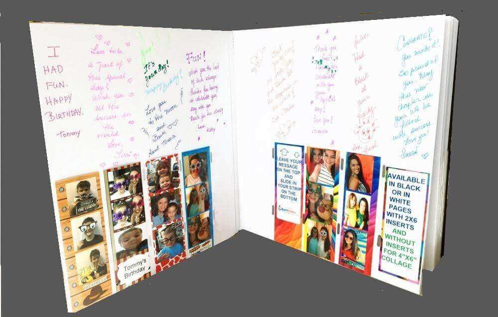 Opened photobooth album showcasing white pages with messages and photo strips, highlighting its elegant design and use.