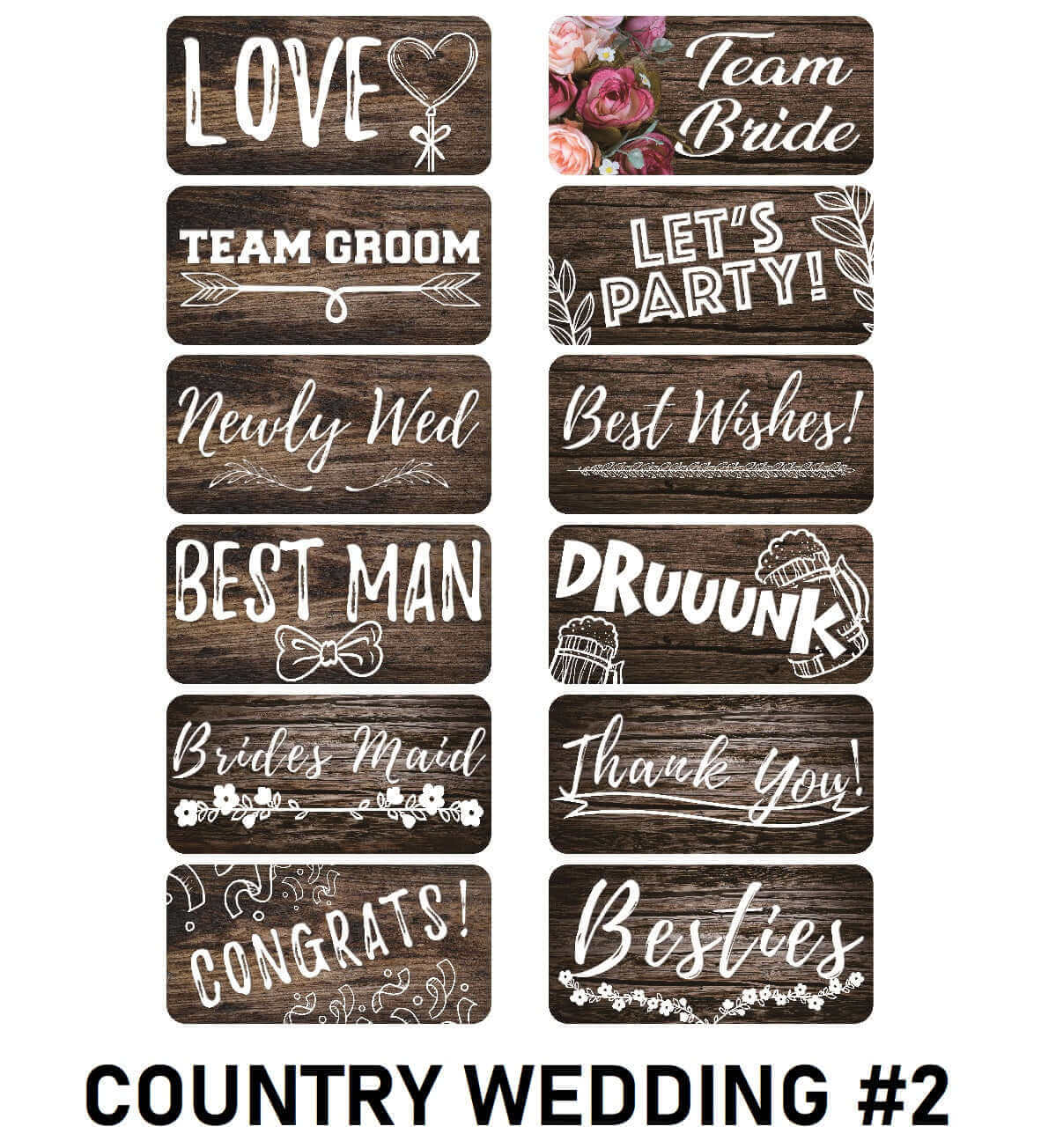 Country Wedding #2 PVC props set with rustic signs for Team Bride, Team Groom, Best Man, and more.